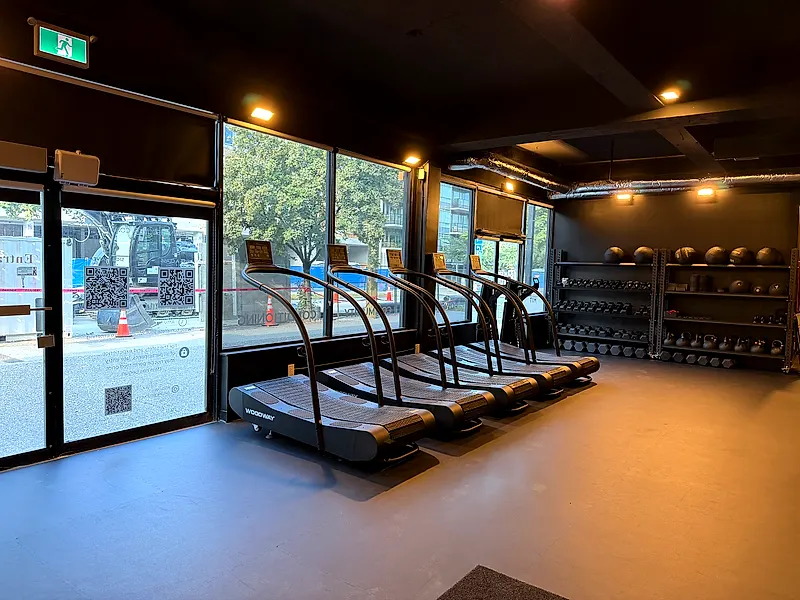 Woodway treadmills and weight racks at the Coresa studio in North Vancouver
